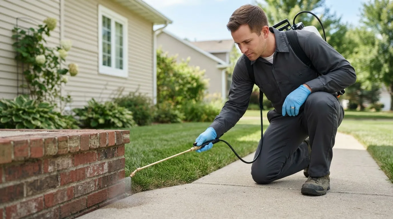 Pest control technician treating a home near South Bend, TX